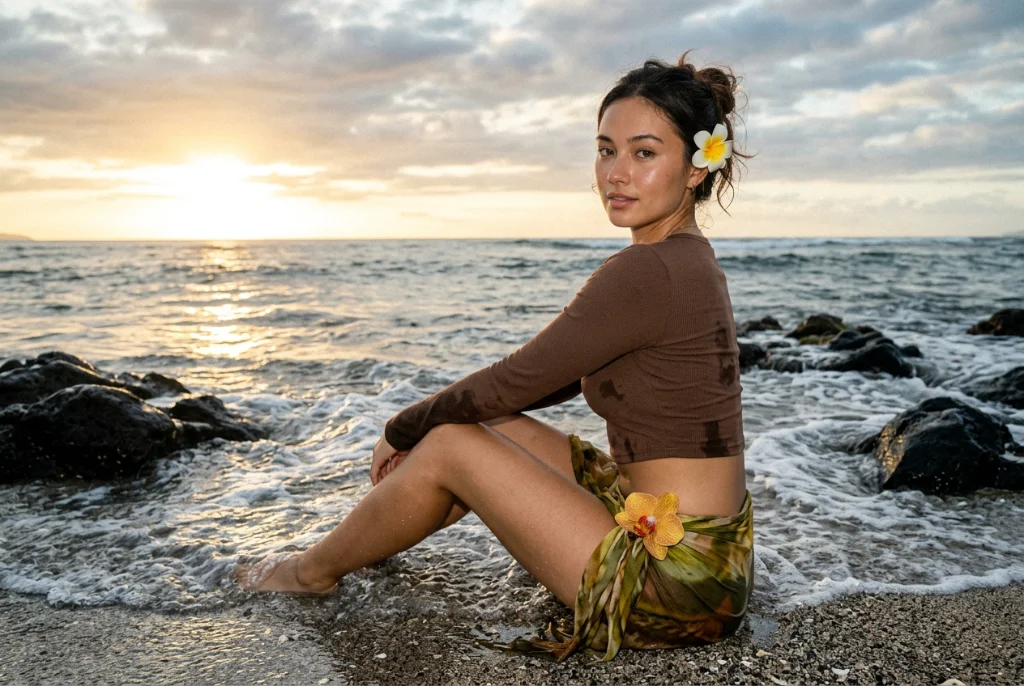 Woman sitting on a rocky beach at sunset in high detail, created with Nano Banana Pro