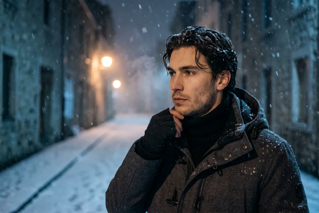 Man in a wool coat on a snowy street at night, a realistic portrait made with Nano Banana Pro